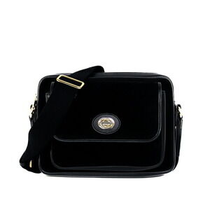 GUCCI Interlocking GG Logo Plate Shoulder Bag black suede leather gold the